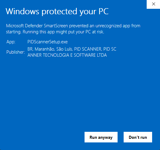 Tela do Windows SmartScreen mostrando Editor: PID SCANNER TECNOLOGIA E SOFTWARE LTDA e botao Executar assim mesmo